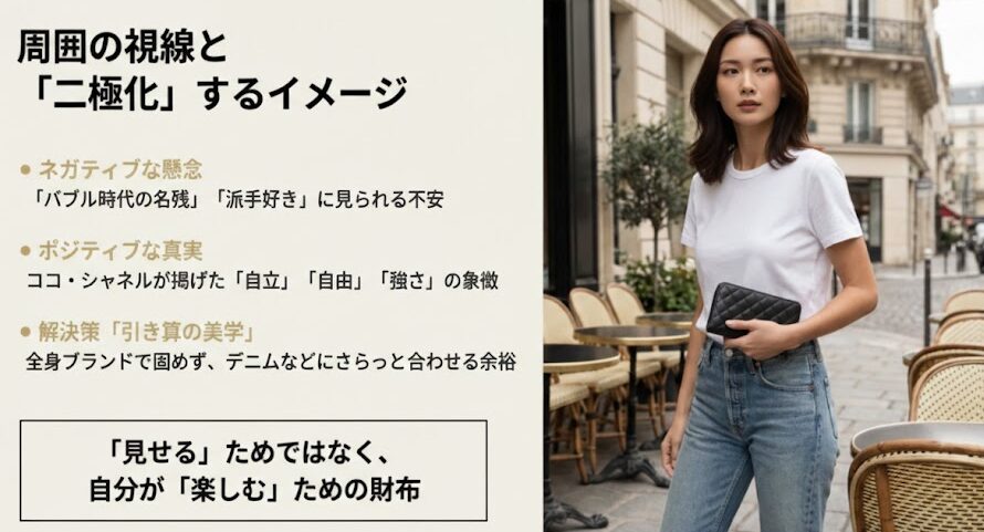 シャネルを持つ女性の二極化するイメージ（自立・強さ vs 派手・バブル）と、デニムに合わせる「引き算の美学」の解説