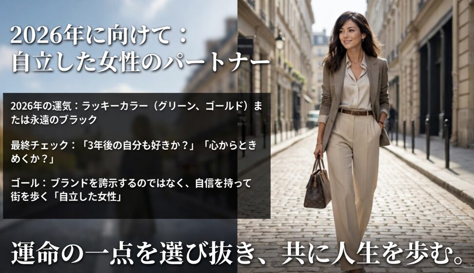 2026年の運気アップカラー（グリーン、ゴールド、ブラック）と、自信を持って歩く自立した女性の象徴としてのシャネル