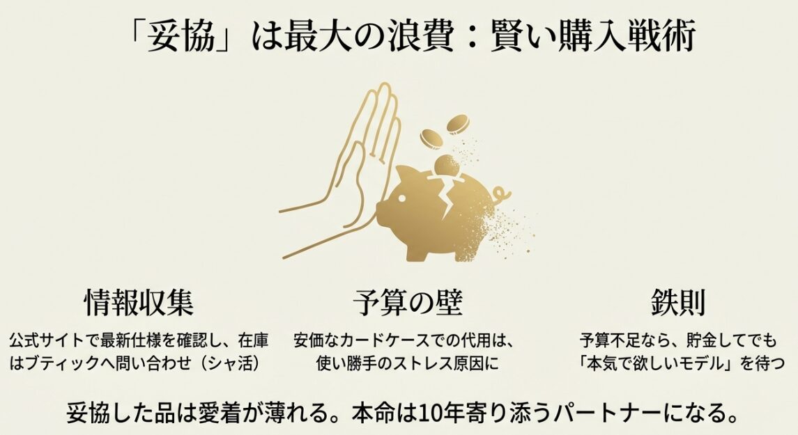 予算不足で妥協せず、本当に欲しいモデルを待つことが最大の節約になるという賢い購入戦術のイラスト