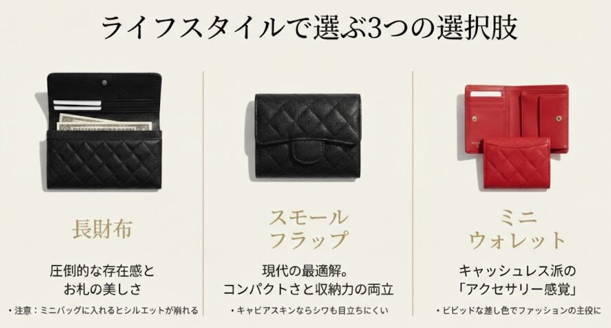 長財布、スモールフラップウォレット、ミニウォレットの3種類のサイズ感と、それぞれのライフスタイルに合わせた選び方