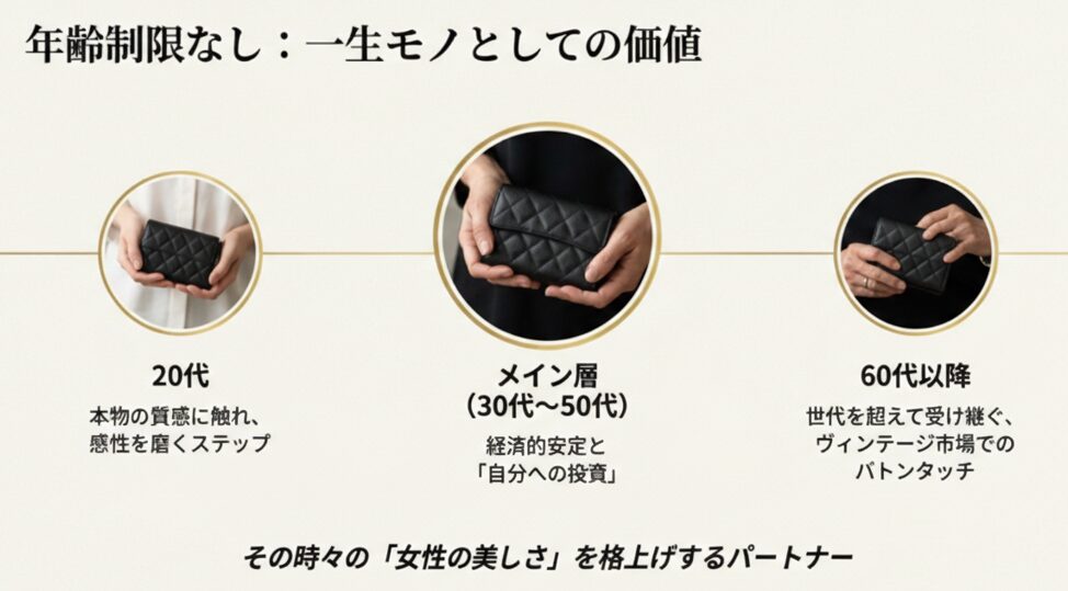 20代から60代以降まで、各ライフステージにおけるシャネルの財布の役割と一生モノとしての価値